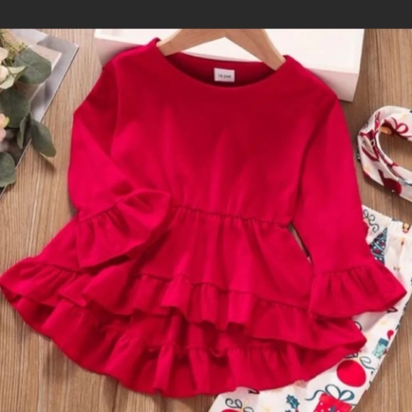 3 piece Christmas outfit.  Red top, Santa & Christmas tree leggings & scarf - Picture 2 of 12